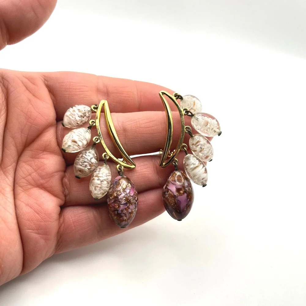 Schiaparelli Vintage Art Glass Clip On Earrings Gold Tone Pink Purple Speckled